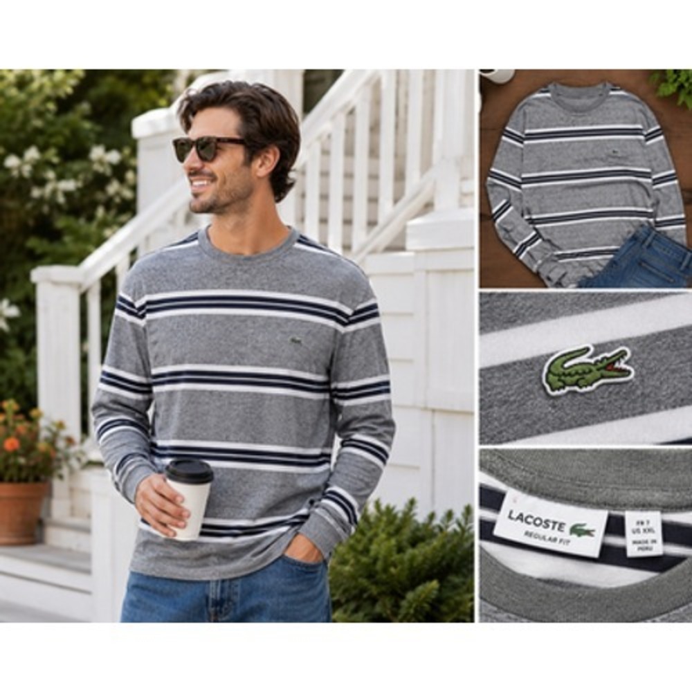 Lacoste Shirt Mens 2XL Blue Striped Long Sleeve Crewneck Regular Cotton Tee